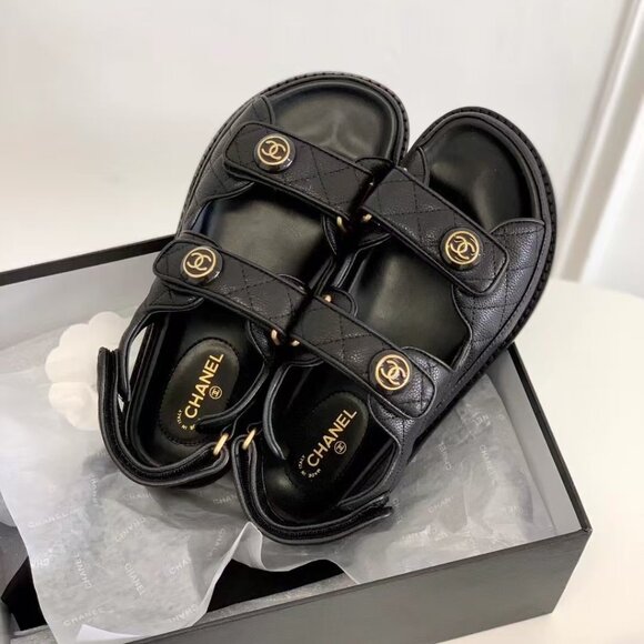 Black Caviar Dad Sandal Gold CC Logo Mule Slide Flat - Picture 4 of 8